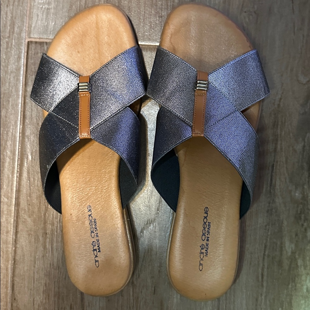 ANDRE ASSOUS Metallic Gray and Tan Sandals